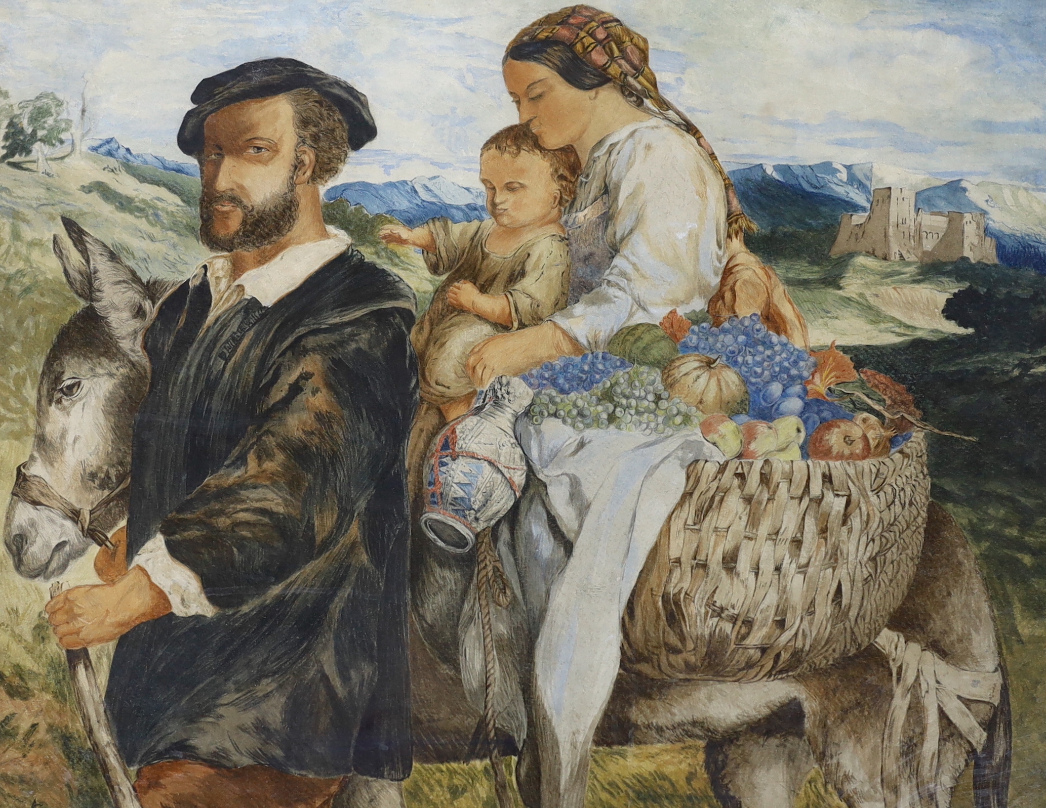 20th century Naive School, watercolour, Three figures and a donkey before a mountainous landscape, 44 x 56cm